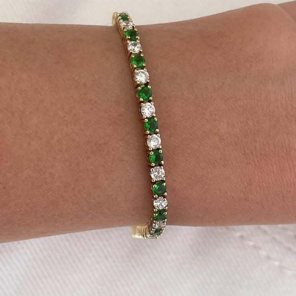 Ross Simons sterling silver 925 gold vermeil tennis link emerald CZ bracelet - Picture 8 of 11